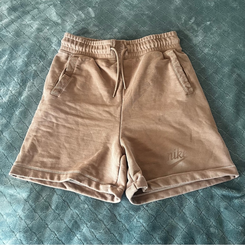 Nike Fleece Sweat Shorts Small‎ Tan Beige Cotton Blend Drawstring Pockets S